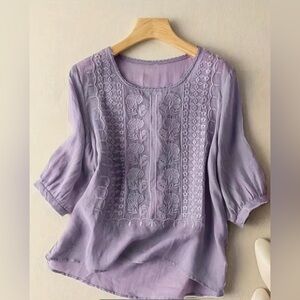 Embroidered Purple Blouse Lavender Cotton Women’s Plus Size XL